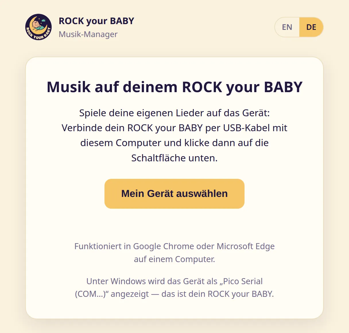 Die Startseite des Musik-Managers mit der Überschrift „Musik auf deinem ROCK your BABY“ und der Schaltfläche „Mein Gerät auswählen“