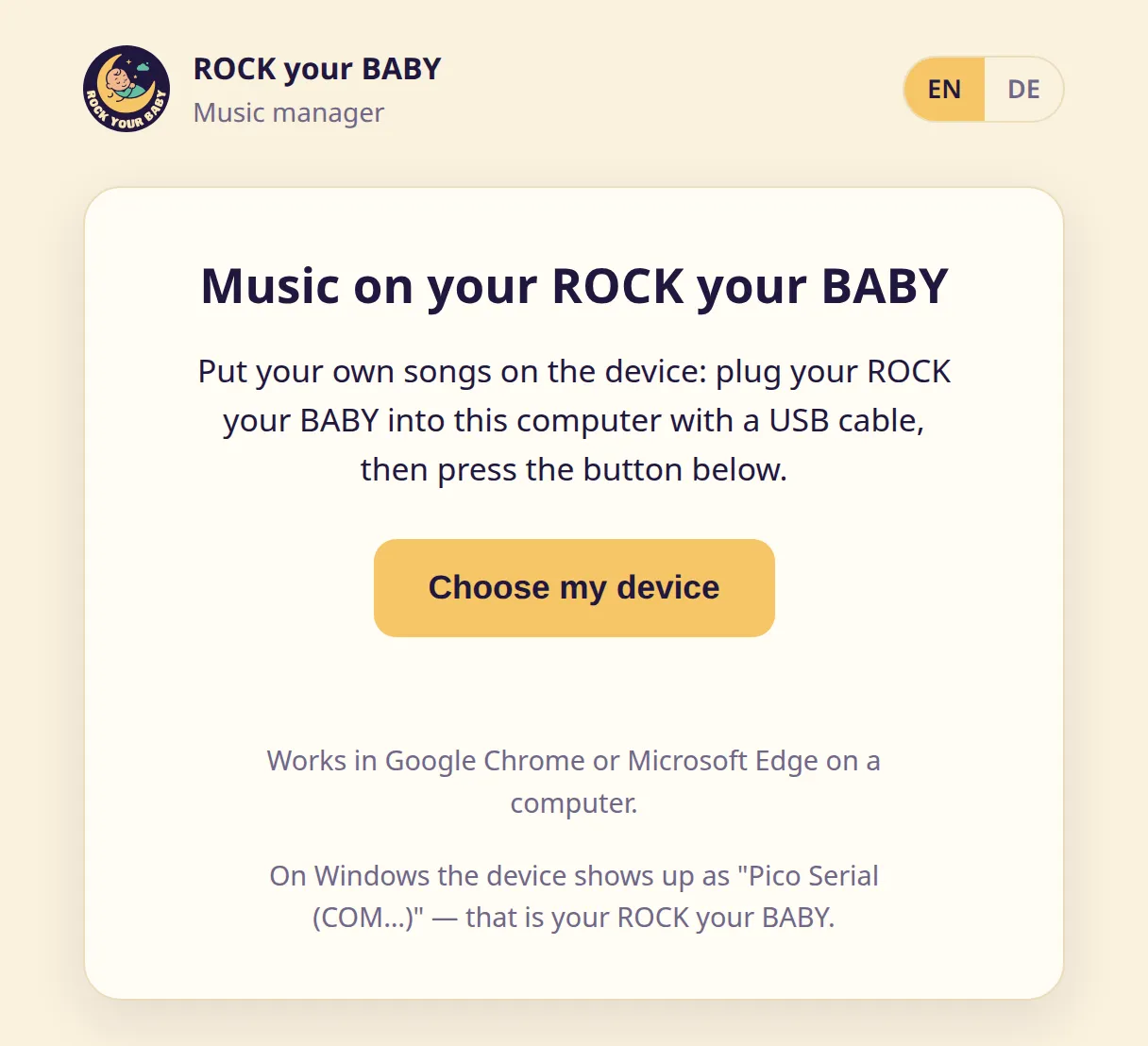 The music manager landing page with the heading “Music on your ROCK your BABY” and the “Choose my device” button