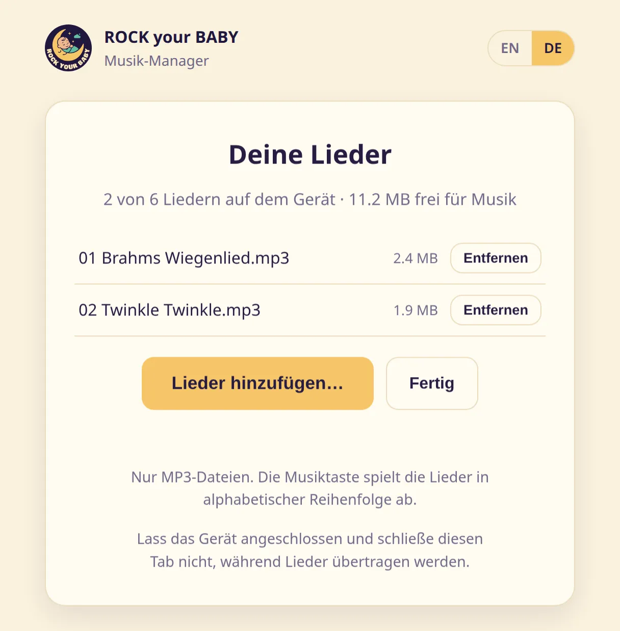 Die Liederliste „Deine Lieder“ mit zwei Liedern, den Schaltflächen „Entfernen“ daneben sowie „Lieder hinzufügen…“ und „Fertig“ darunter