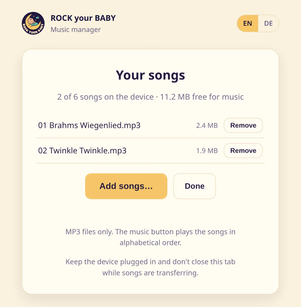 The “Your songs” list with two songs, “Remove” buttons next to them, and “Add songs…” and “Done” below
