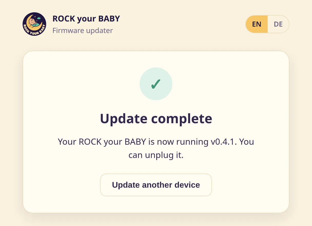 The “Update complete” screen with a green check mark and the “Update another device” button