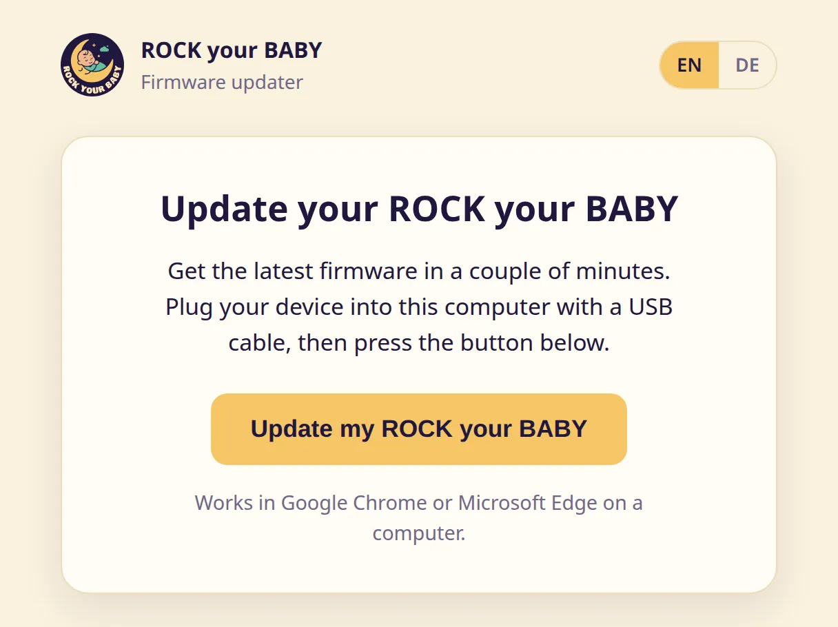 The updater landing page with the heading “Update your ROCK your BABY” and the yellow “Update my ROCK your BABY” button