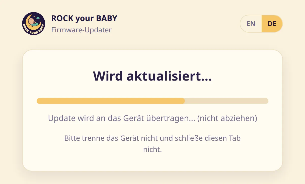 Der Bildschirm „Wird aktualisiert…“ mit Fortschrittsbalken und dem Hinweis „Update wird an das Gerät übertragen… (nicht abziehen)“