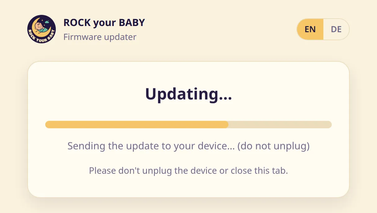 The “Updating…” screen with the progress bar and the note “Sending the update to your device… (do not unplug)”